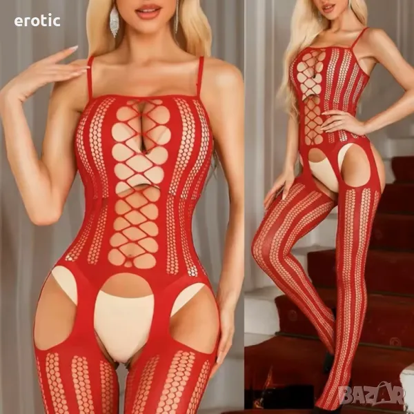 Еротично бельо, мрежесто боди за цяло тяло в червен цвят - Код: B536R, снимка 1