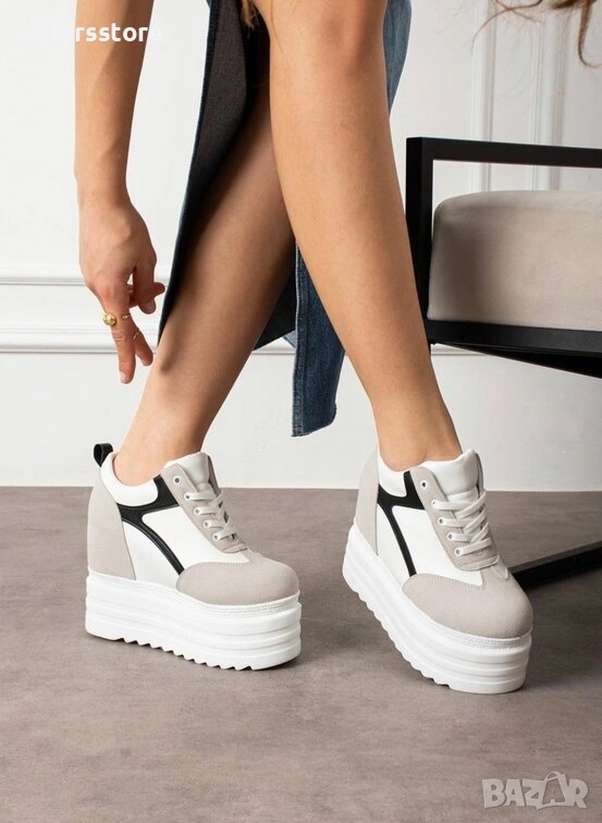 Кецове на платформа - бяло, сиво и черно - SJN80 , снимка 1