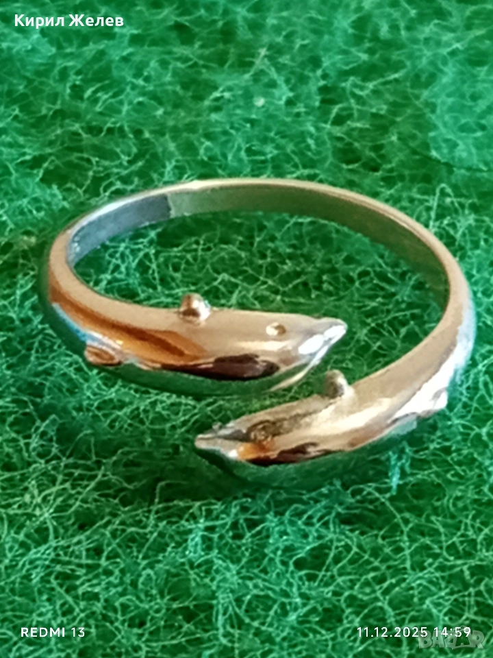 Римантичен сребърен пръстен два делфина много красив стилен дизайн 52406, снимка 1