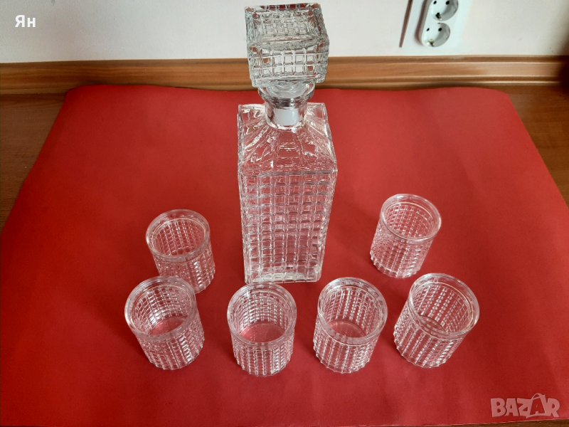  Стар Ретро Сервиз Стъклена Гарафа 0.850мл с Чашки-6бр. , снимка 1