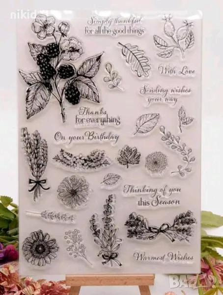 Малини къпини шипки слънчоглед цветя овес листа силиконов гумен печат декор бисквитки фондан Scrapbo, снимка 1