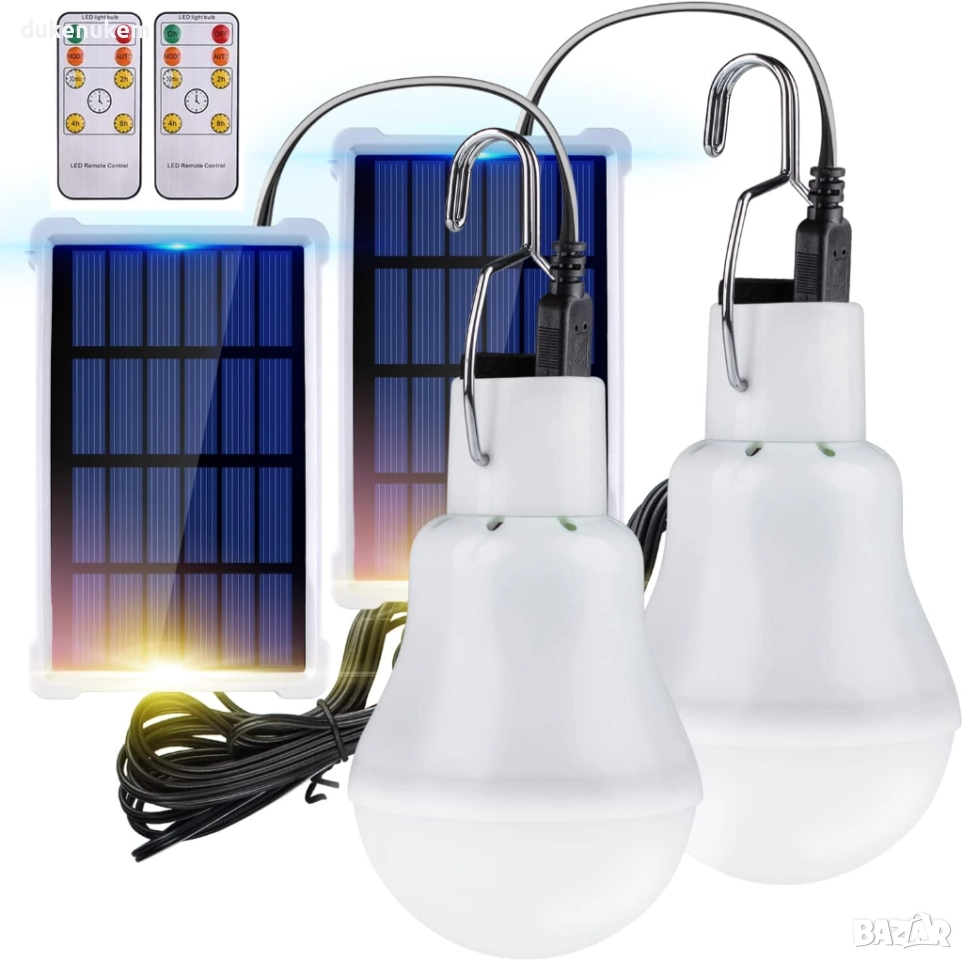Комплект от 2 соларни LED крушки с датчик за светлина и дистанционно управление, снимка 1