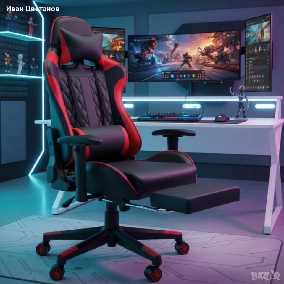 Ергономичен геймърски стол с функция за масаж и подложка за крака - червен, снимка 1