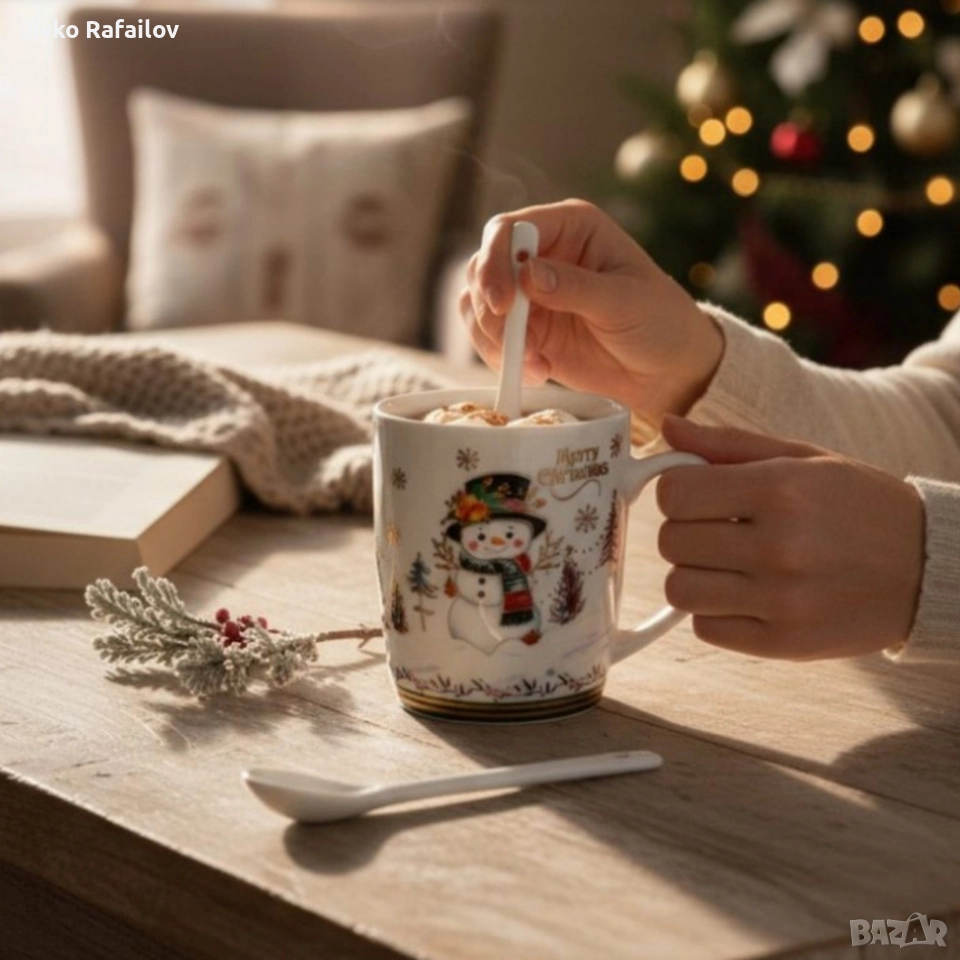 Празничен комплект чаша + лъжичка в луксозна кутия – Merry Christmas, снимка 1