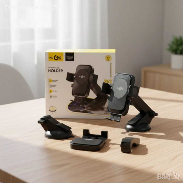 Стойка за телефон за кола KL GO Suction Cup Holder Z62 – 360° въртене, вендуза с гел, универсална съ, снимка 1