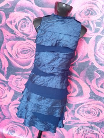 Тъмно синя феерична етажирана лъскава рокля с декорация мъниста М, снимка 2 - Рокли - 39324308