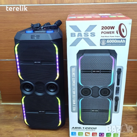 -50лв🔊 Xbass 200W 6000mah Професионална караоке тонколона ABS-12202 – 12”×2, Bluetooth, 2 микрофонa, снимка 8 - Караоке - 51831095