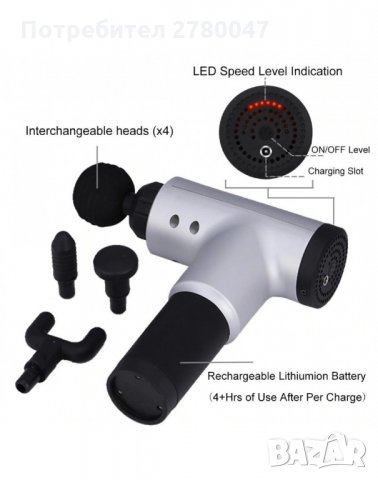 Професионален мускулен вибрационен масажор за цялото тяло Fascial Gun, снимка 3 - Масажори - 30068662