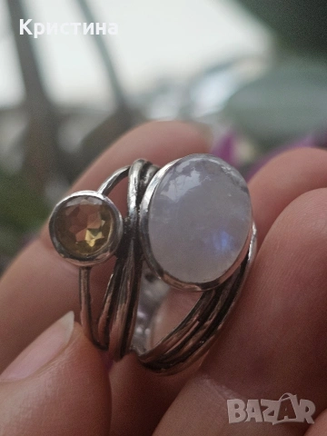 Сребърен пръстен с Цитрин и Лунен камък, снимка 4 - Пръстени - 54015838