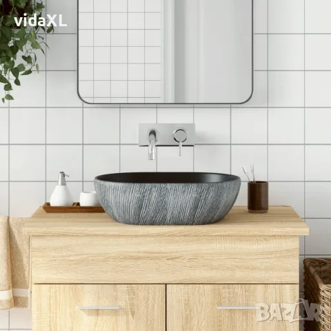 vidaXL Мивка за плот, черно и сиво, овална, 47x33x13 см, керамика, снимка 2 - Мивки - 56146201