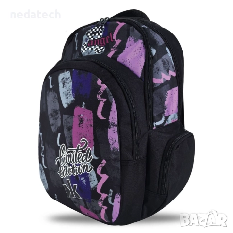 Ученическа раница, Лилав - Черен, 33x18x48см., снимка 3 - Ученически пособия, канцеларски материали - 51439472