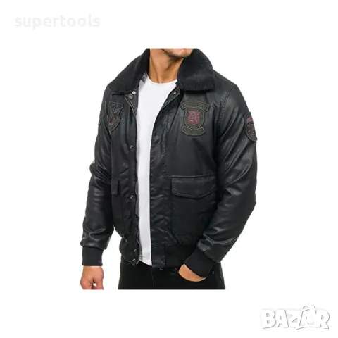 Мъжко черно кожено пилотско бомбър NATURE 4788, снимка 2 - Якета - 47276487