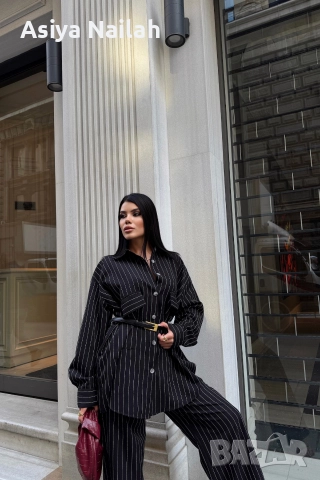 Дамски комплект с райе – риза и широк панталон, снимка 3 - Комплекти - 52792475