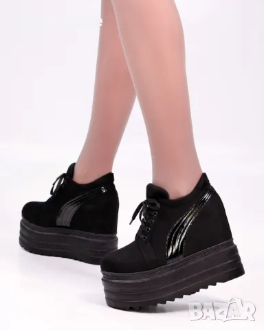 Кецове на платформа - черен велур и лак - SJN56, снимка 2 - Кецове - 49890011