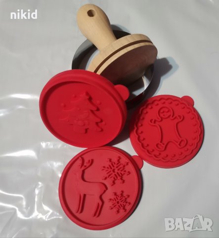 2 вид Коледен печат коледни печати с 3 силиконови приставки ринг дървена дръжка за бисквитки тесто , снимка 1 - Форми - 30875341