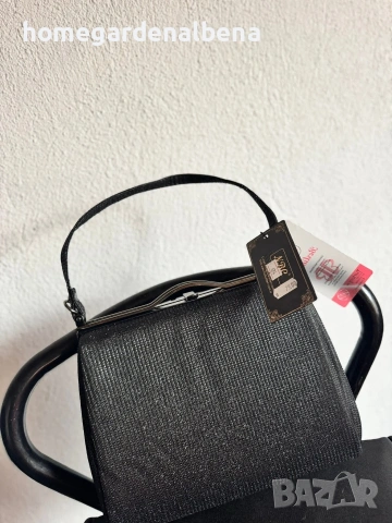 Вечерна дамска чанта, черен глитер текстил, метална рамка, нова с етикет