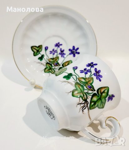 Порцеланова чаша с чинийка Carl von Linne, "Anemone Hepatica"., снимка 4 - Колекции - 44506047