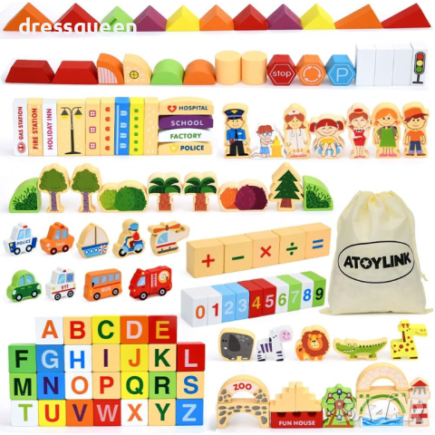 4123 Дървени Блокчета - Комплект от 120 части с Кофа за Съхранение, снимка 6 - Игри и пъзели - 44612944