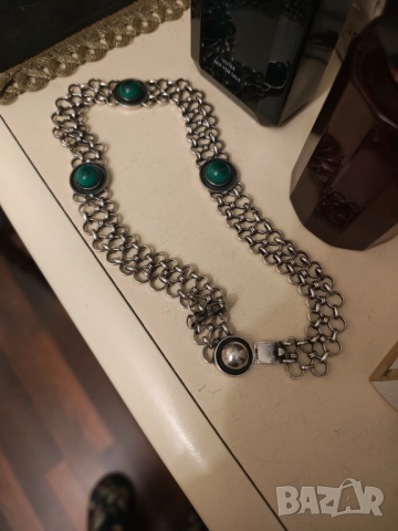 Ретро масивна сребърна огърлица с малахит , снимка 7 - Колиета, медальони, синджири - 52913901