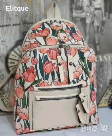 Компактна стилна раничка с мотиви на розови лалета в модерен дизайн, снимка 3 - Раници - 52895830