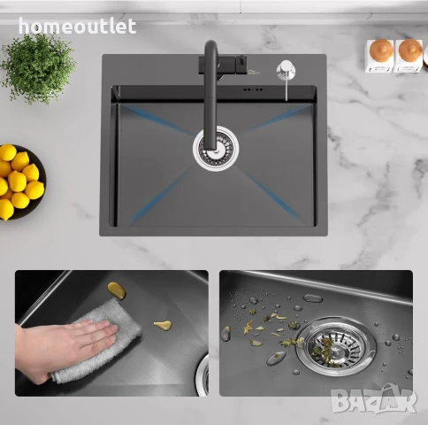 ПРОМОЦИЯ Кухненска мивка от неръждаема стомана с нано покритие в черно  AURALUM JZF0603 , снимка 5 - Други - 50983059
