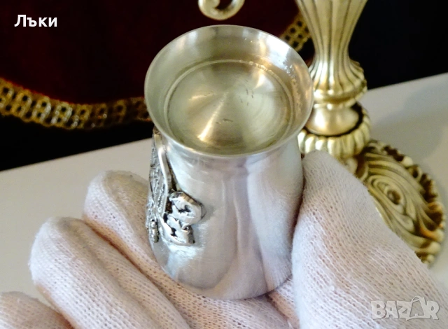 Калаена чаша за ракия,орел,рицар,пушки. , снимка 5 - Антикварни и старинни предмети - 54295552