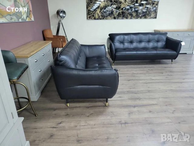 Италиански черен кожен комплект дивани тройка и двойка, снимка 2 - Дивани и мека мебел - 44297903
