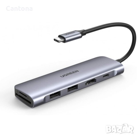 UGREEN USB C Hub 6 в 1 USB-C към 4K HDMI, 2xUSB 3.0, PD 100 W, SD/TF четец на карти