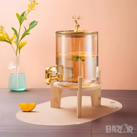 Голям диспенсър за напитки 8L с дървена стойка и златист кран, снимка 6 - Други стоки за дома - 51852339