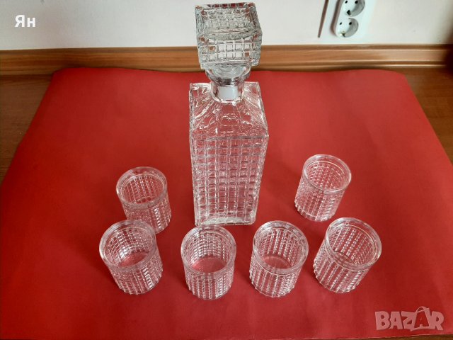  Стар Ретро Сервиз Стъклена Гарафа 0.850мл с Чашки-6бр. 