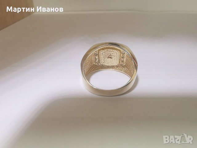 Златен мъжки пръстен с оникс и циркони , снимка 9 - Пръстени - 30831006