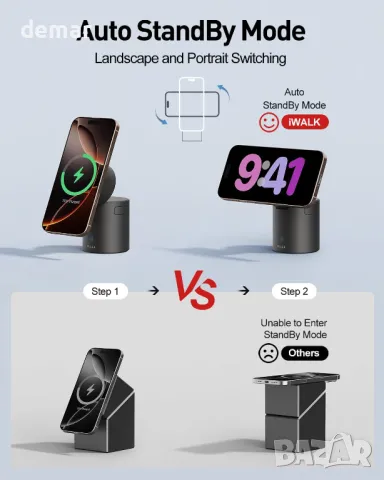 iWALK 3 в 1 безжична зарядна станция с автоматично завъртане, зарядна стойка с магнит за Apple, снимка 4 - Безжични зарядни - 50297429