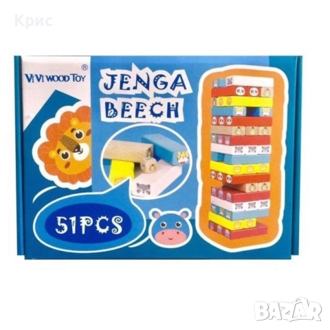 Игра Нестабилна кула Jenga, Монтесори, дървена, с Животни, 51 части, снимка 6 - Образователни игри - 52556275