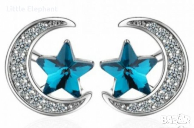 Sale Обеци с кристали луни и звезди"blue"/нови, снимка 1