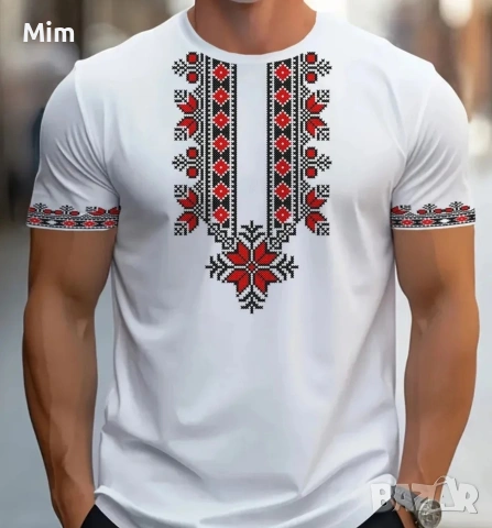 L Бяла тениска с щампа с български мотиви 