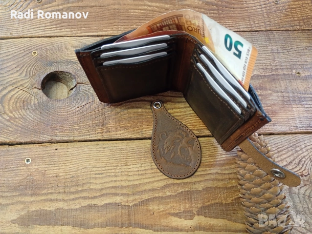 Ръчно изработен мъжки кожен портфейл+ ключодържател , снимка 6 - Портфейли, портмонета - 53936419
