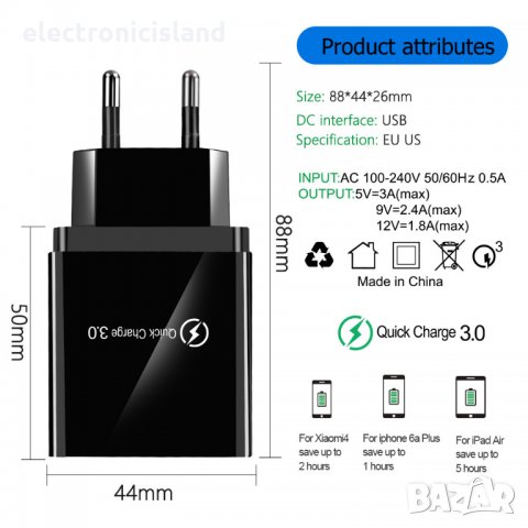Бързо USB зарядно за смарт телефон 3А QC 3.0 4xUSB извода, снимка 4 - Оригинални зарядни - 29399882