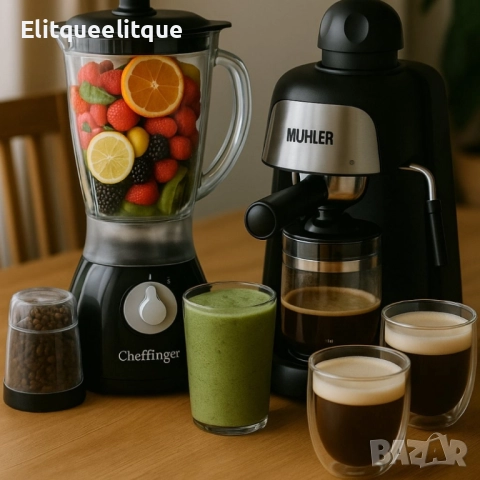 Комплект от еспресо машина MUHLER MCM-33 + 2 стъклени чаши и блендер с мелничка Cheffinger Home , снимка 3 - Блендери - 52376191