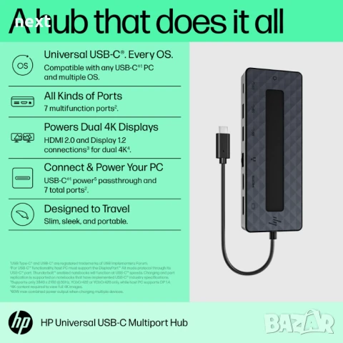 Докинг станция HP Universal USB-C multiport hub 4K + Гаранция, снимка 6 - Части за лаптопи - 50627572