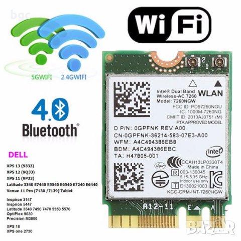 Нова 2.4G + 5G intel 7260AC Wi-Fi Карта 7260NGW ДВУБАНДОВА GPFNK 0GPFNK Bluetooth, снимка 1 - Части за лаптопи - 31901293