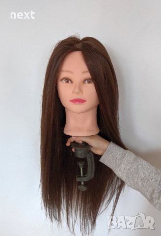 Фризьорска тренировъчна глава с ЕСТЕСТВЕНА коса 60см +стойка +аксесоари, снимка 4 - Аксесоари за коса - 32027308