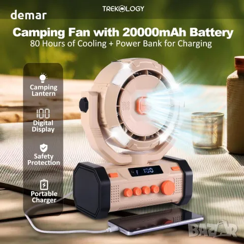 Вентилатор за къмпинг TREKOLOGY с 20000mAh батерия и Power Bank, 120° осцилация, LED светлина, снимка 2 - Къмпинг мебели - 48488941