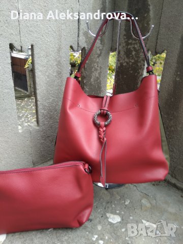 Дамска чанта, комплект с несесер, червена