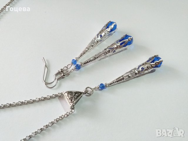 Великолепен комплект Викториански стил с кристали в кралско синьо и орнаменти в цвят Сребро , снимка 3 - Бижутерийни комплекти - 34939748