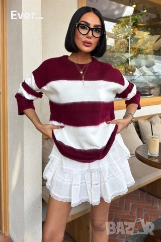 Пуловер в бяло и бордо овърсайз, снимка 7 - Блузи с дълъг ръкав и пуловери - 52300856
