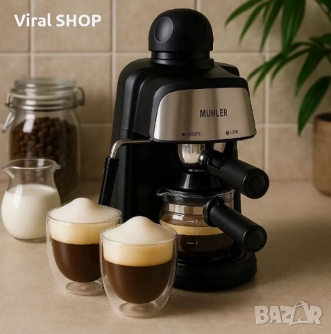 Комплект еспресо машина MUHLER MCM-33 + 2 стъклени чаши Luigi Ferrero Caffeina 80ml FR-8012 , снимка 1