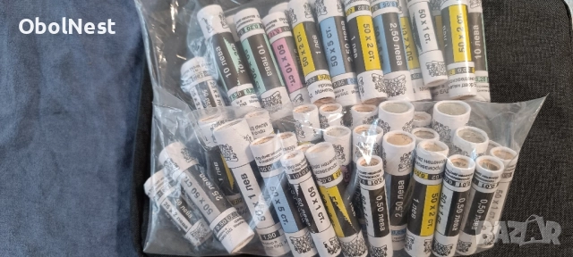 Фишеци с UNC монети от 1 ст. до 2 лв. Комплект от 8 ролки (НОВИ)