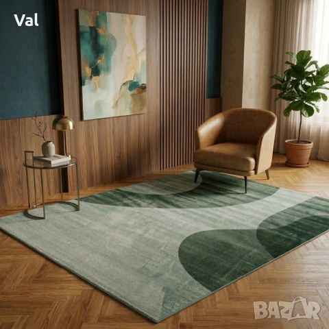 Модерен килим за хол 120х160см - Зелени вълни на светъл фон и 3D ефект, Противоплъзгащ, снимка 4 - Килими - 53934044