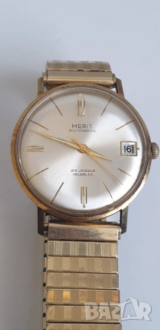 Позлатен мъжки механичен часовник Merit, снимка 3 - Антикварни и старинни предмети - 54126607
