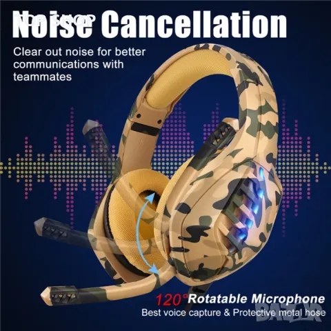 J1 камуфлажна цветна геймърска слушалка 50 mm драйверен модул RGB светлинно намаляване на шума 3,5 m